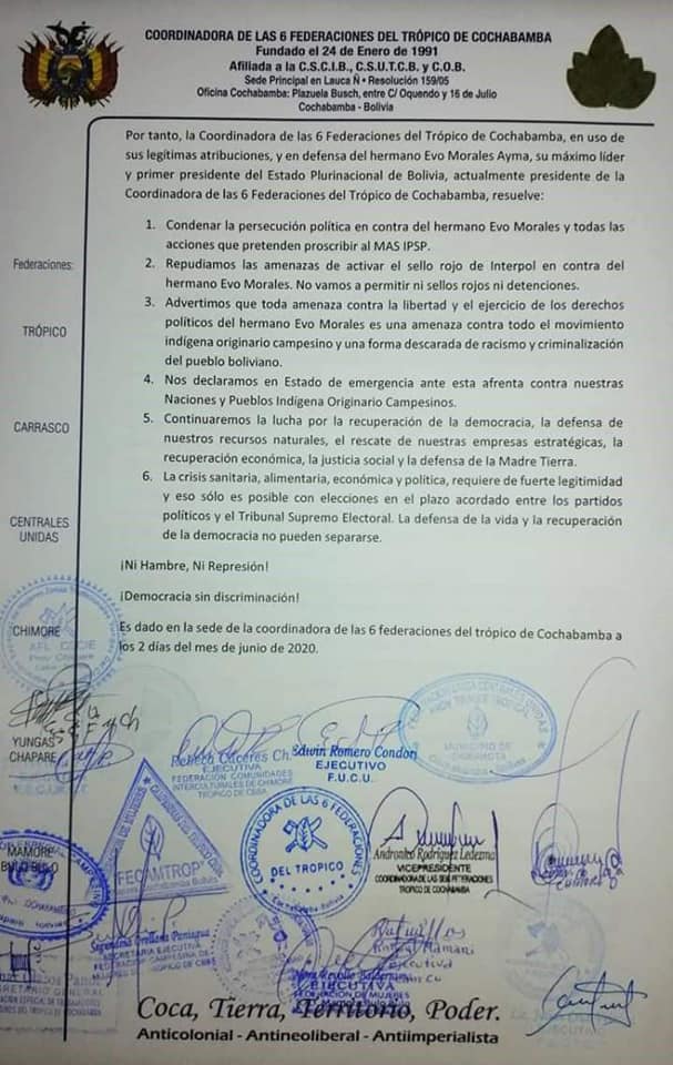 Pronunciamiento público de la Coordinadora de las 6 Federaciones del  Trópico de Cochabamba – APCBOLIVIA